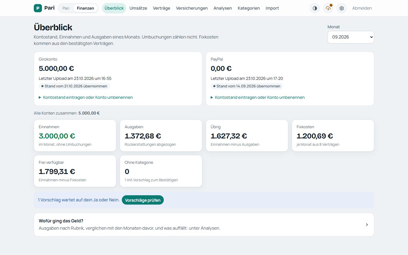 Pari Finanzen, Überblick mit Konto, Einnahmen, Ausgaben und Fixkosten