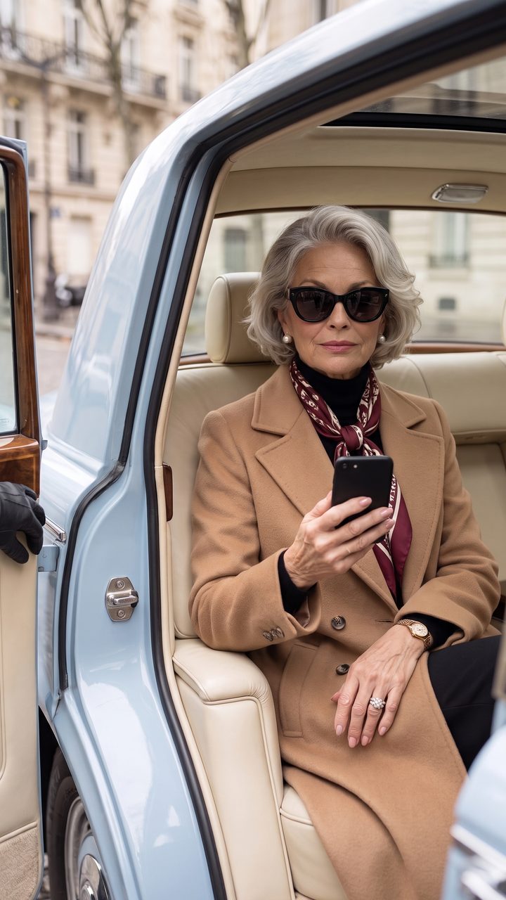 Victoria von Valmont auf dem Rücksitz eines Wagens, KI-generiertes Standbild