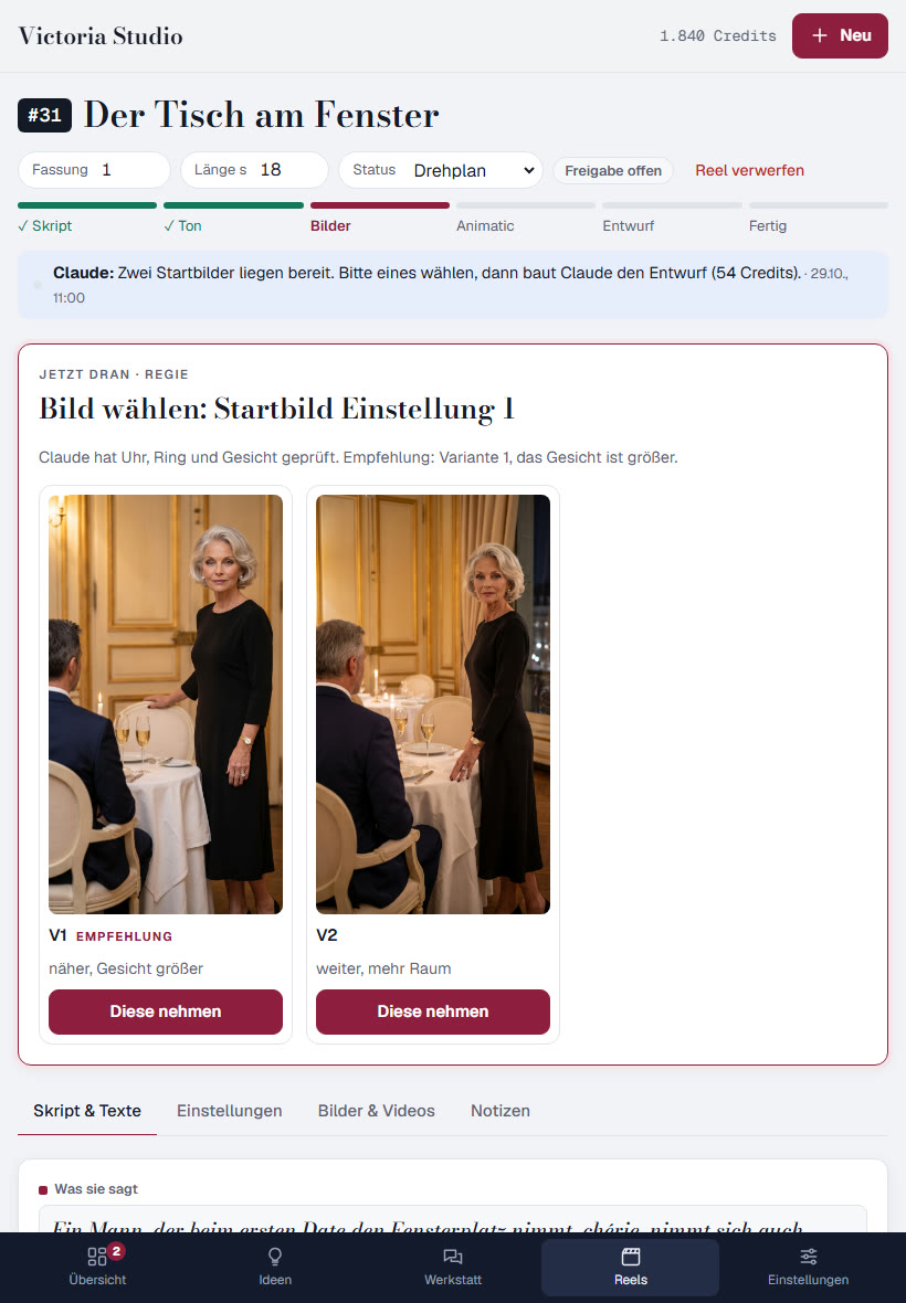 Victoria Studio am iPad: Die Regie wählt zwischen zwei KI-generierten Startbildern